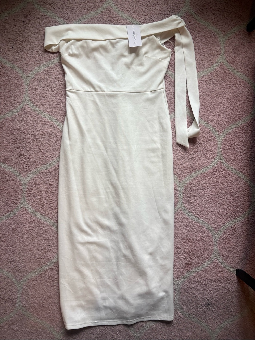 Off-Shoulder Cream Bodycon Midi Dress